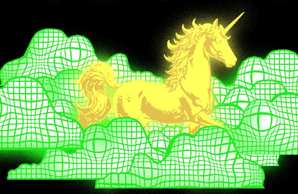 A golden unicorn in a field of digital valleys.